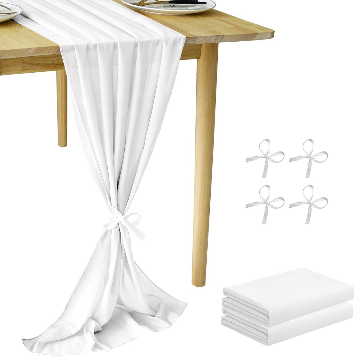 Tafellopers, 2 stuks, wit, 70 x 300 cm, mousseline, decoratieve stof, mousseline, tafelloper, boho, bruiloft, voor bruiloftsdecoratie, tafeldecoratie, verjaardag, doop, babyshower