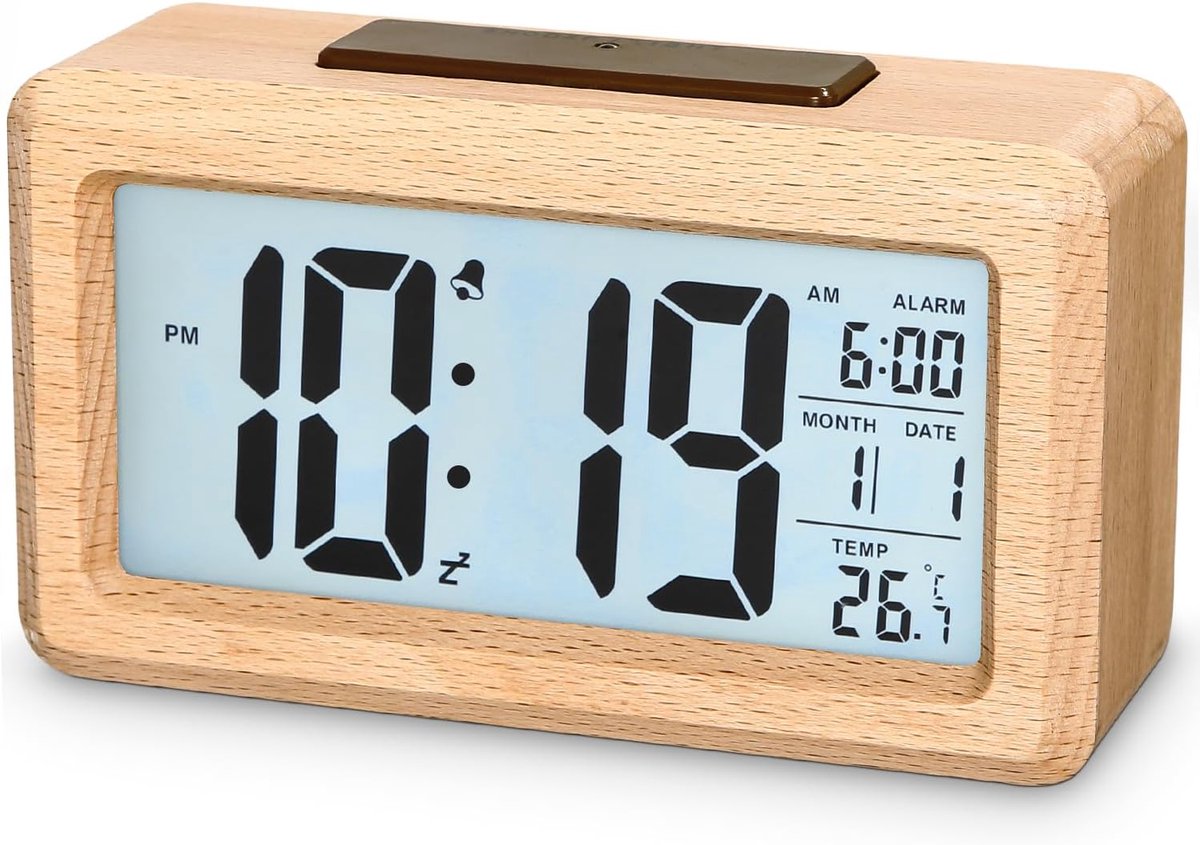 Wekker, houten wekker met sensormodules, tafelklok met groot display, datum, temperatuurweergave, nachtlicht, digitale klok met snooze-modules, voor slaapkamer, bed, thuis