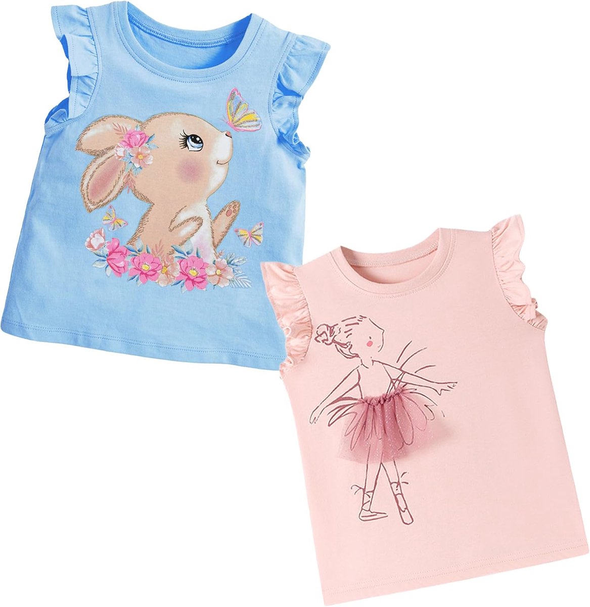 T-shirt Meisjes Set van 2 Kinderen Zomer Tops Korte Mouwen Katoen Zacht Ademend Ronde Hals Casual T-shirts Zomertop met Dieren Bloem Patronen Sport School Kleding voor Meisje 2-8 Jaar