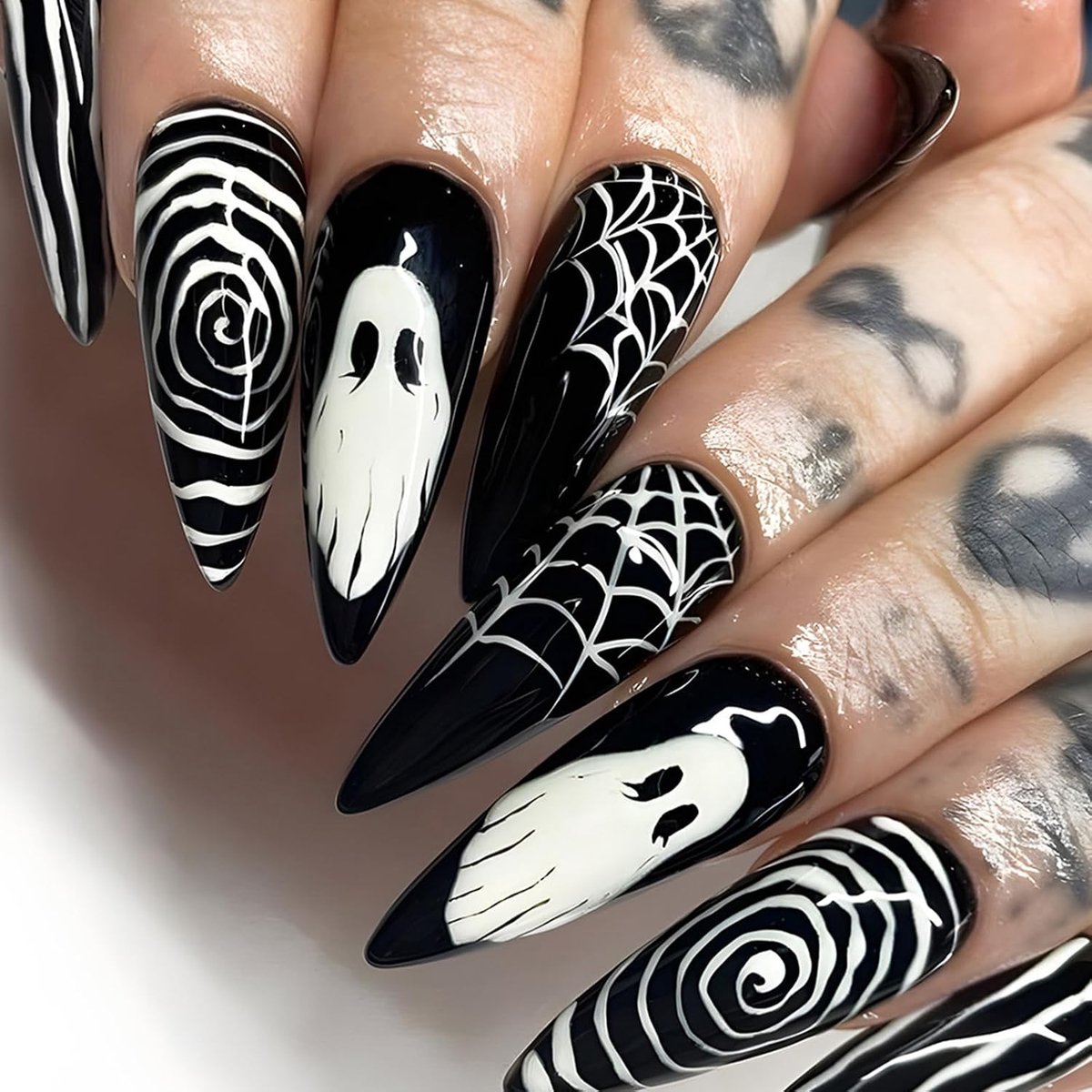 24 stuks Halloween French press-on nagels, amandel, lang, zwart, kunstnagels met spinnenweb, spinnendesign, acryl kunstnagels, natuurlijke stiletto, kunstnagels om op te plakken, voor vrouwen