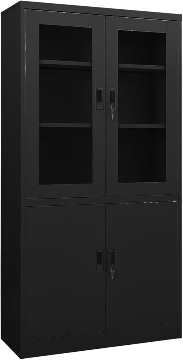 90 x 40 x 180 cm, zwart, van staal en gehard glas, 4 deuren, 3 legplanken, 2 sloten, voor netjes opbergen van documenten op kantoor