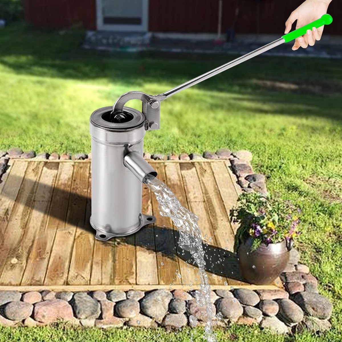 Roestvrij staal, waterhandpomp, waterfontein, handzwengelpomp, handmatige schudwaterpomp voor grondwater tot 8 m diepte, tuinen, parken, vijvers, zilver