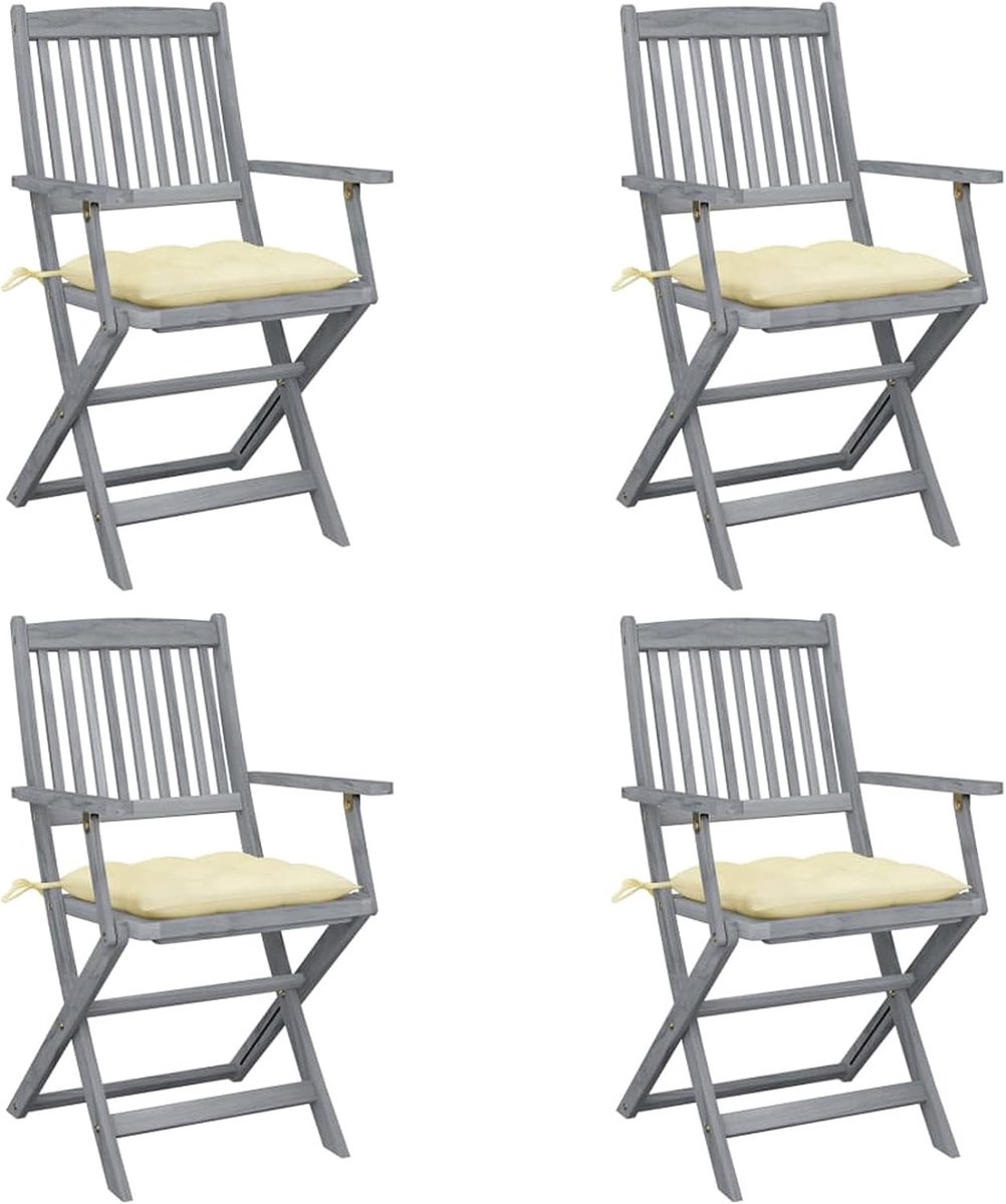 Set van 4 klapstoelen voor buiten, met kussens, eetkamerstoel, acaciahout