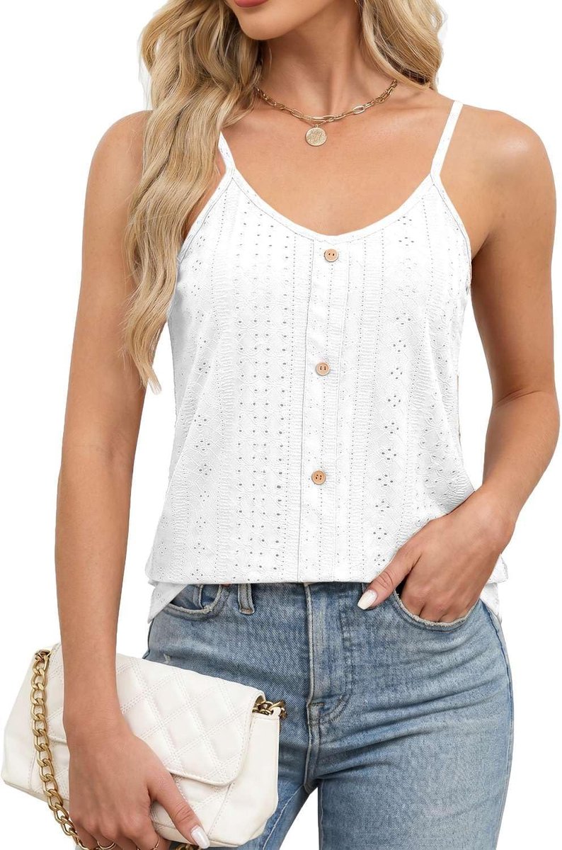 Tanktop voor dames met V-hals, verstelbare bandjes met retro-knoopdetail, ademende zomertop voor business en vrije tijd, nauwsluitende blouse voor dames