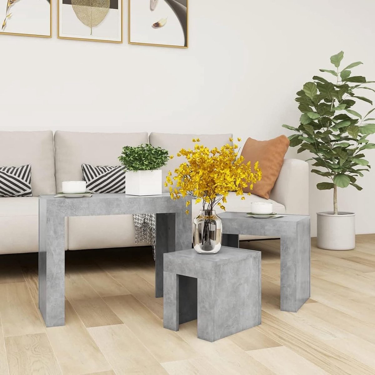 Stapelbaar, set van 3 koffietafels, koffietafels, lage tafels voor woonkamer, grijs, spaanplaat beton