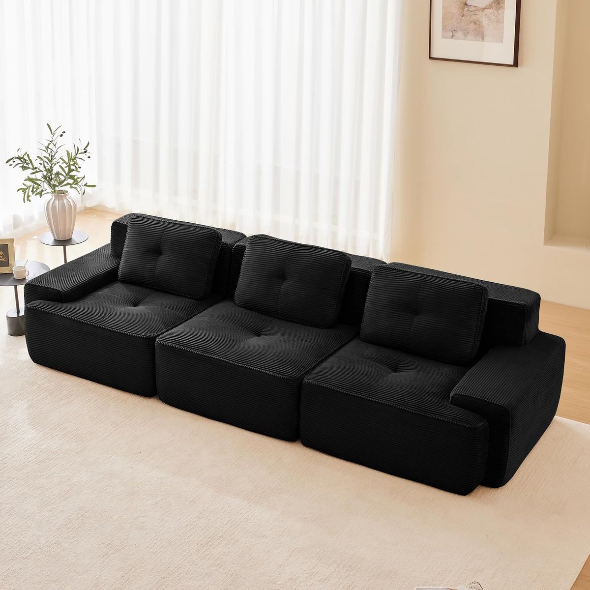 Bank 3-persoons, zonder montage, zacht, schuim met hoge elasticiteit voor de woonkamer, kleur zwart, 3 plaatsen (zwart, 3S)