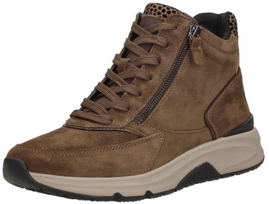 Bruine suède Gabor Rollingsoft halfhoge veterschoenen met panterprint accenten en rits.
