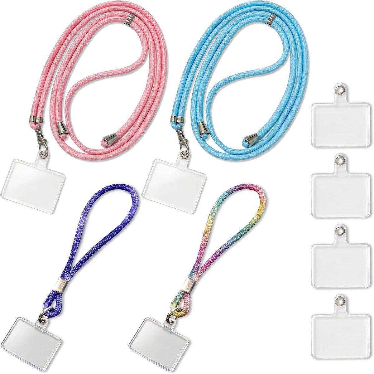 4 Stuks Mobiele Telefoonketting, Mobiele Telefoonkoord in Kleurenmix met 0,5 mm Inlegpads, Verstelbare Mobiele Telefoon Lanyard van Polyester voor Hoesje, Schouder, Pols en Dagelijks Gebruik