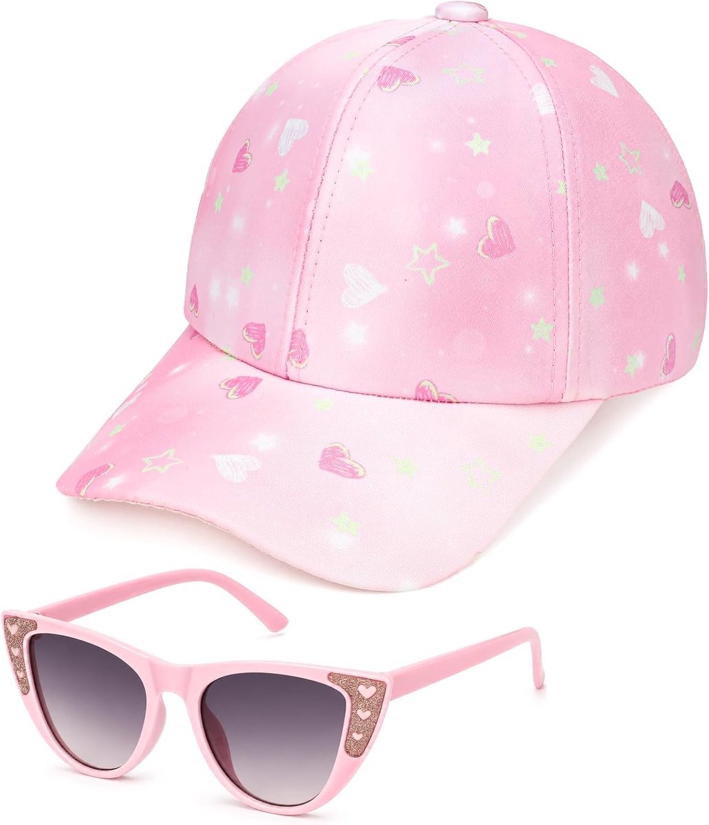 baseballpet met zonnebril, verstelbare honkbalhoed truckerhoed print hartpatroon zonbescherming zomerhoed voor meisjes roze