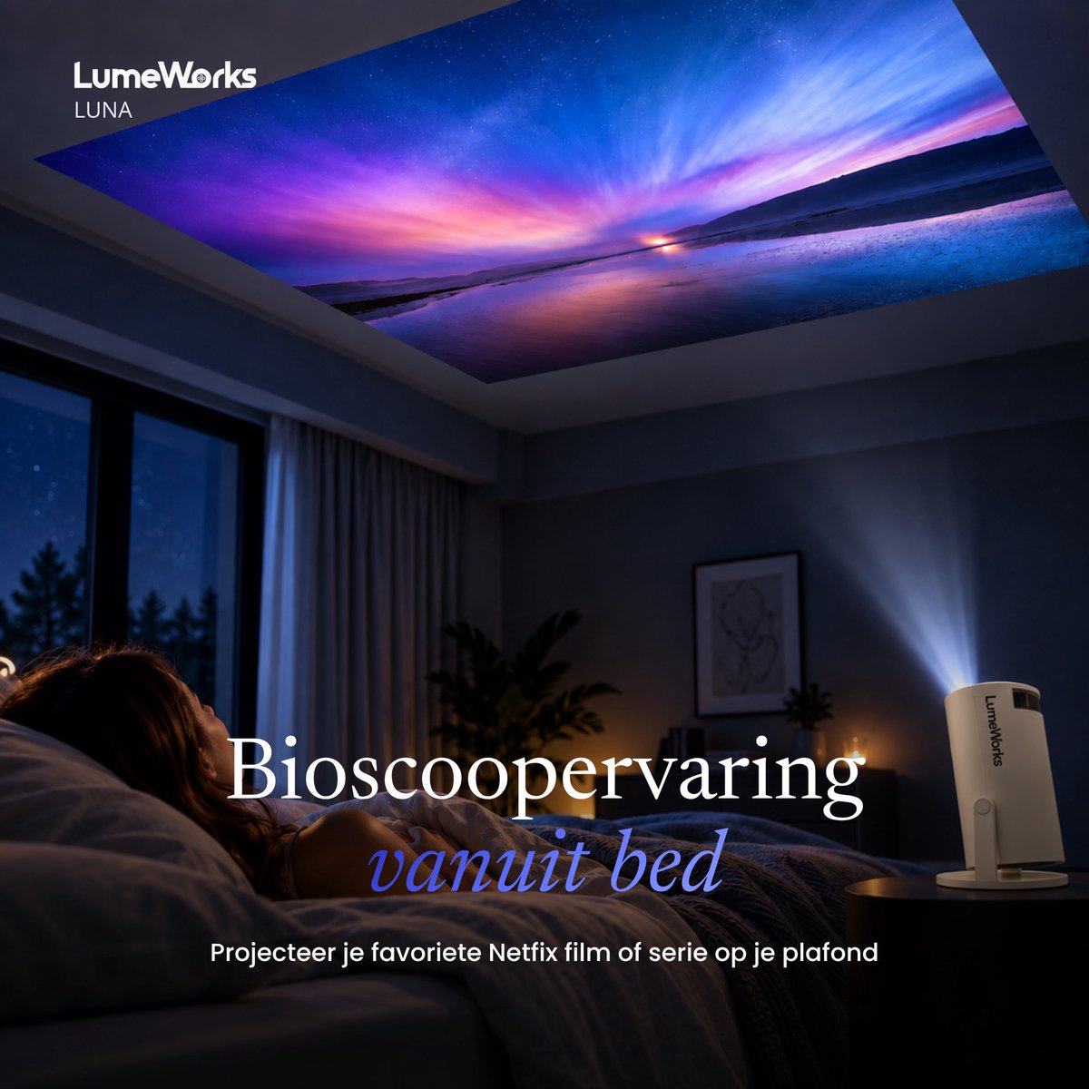 LumeWorks Luna Mini Beamer 2026 - 4K Support - Smart Projector met Android 14 - WiFi 6 & Bluetooth - Home Cinema - Draagbaar - Streamen vanaf Telefoon - Wit thumbnail 6