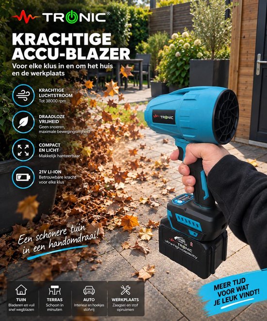 MTRONIC Krachtige Accu-Blazer 21V – 38.000 RPM Luchtblazer – 2 Grote Accu’s + Snellader – Geschikt voor Makita Accu’s – Voor Werkplaats, Auto & Tuin — afbeelding 3