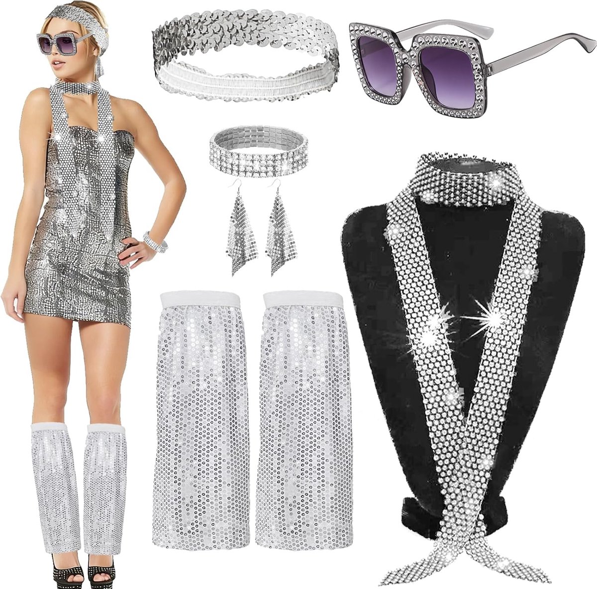 6 stuks jaren 70 disco accessoires, voor dames 70s glitter disco