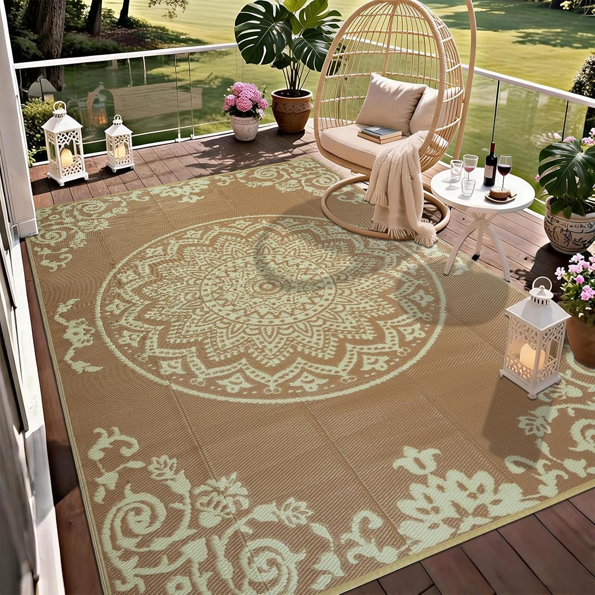 Outdoor tapijt, weerbestendig, 180 x 270 cm, voor balkon, wasbaar, kunststof, stro, outdoortapijt, uv-bestendig, voortenttapijt voor tuin, terras, balkon, dek, zwembad, achtertuin (bruin en