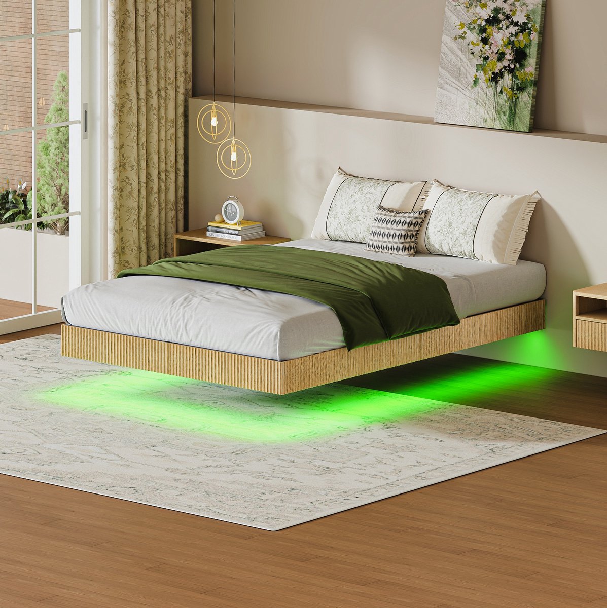 REDOM Bedframe met RGB LED-verlichting - Zwevend ontwerp - Lattenbodem met klikverbinding - Ruimte onder bed - Moderne stijl - MDF en metaal - Natuurlijk - 140 x 200 cm Naturel