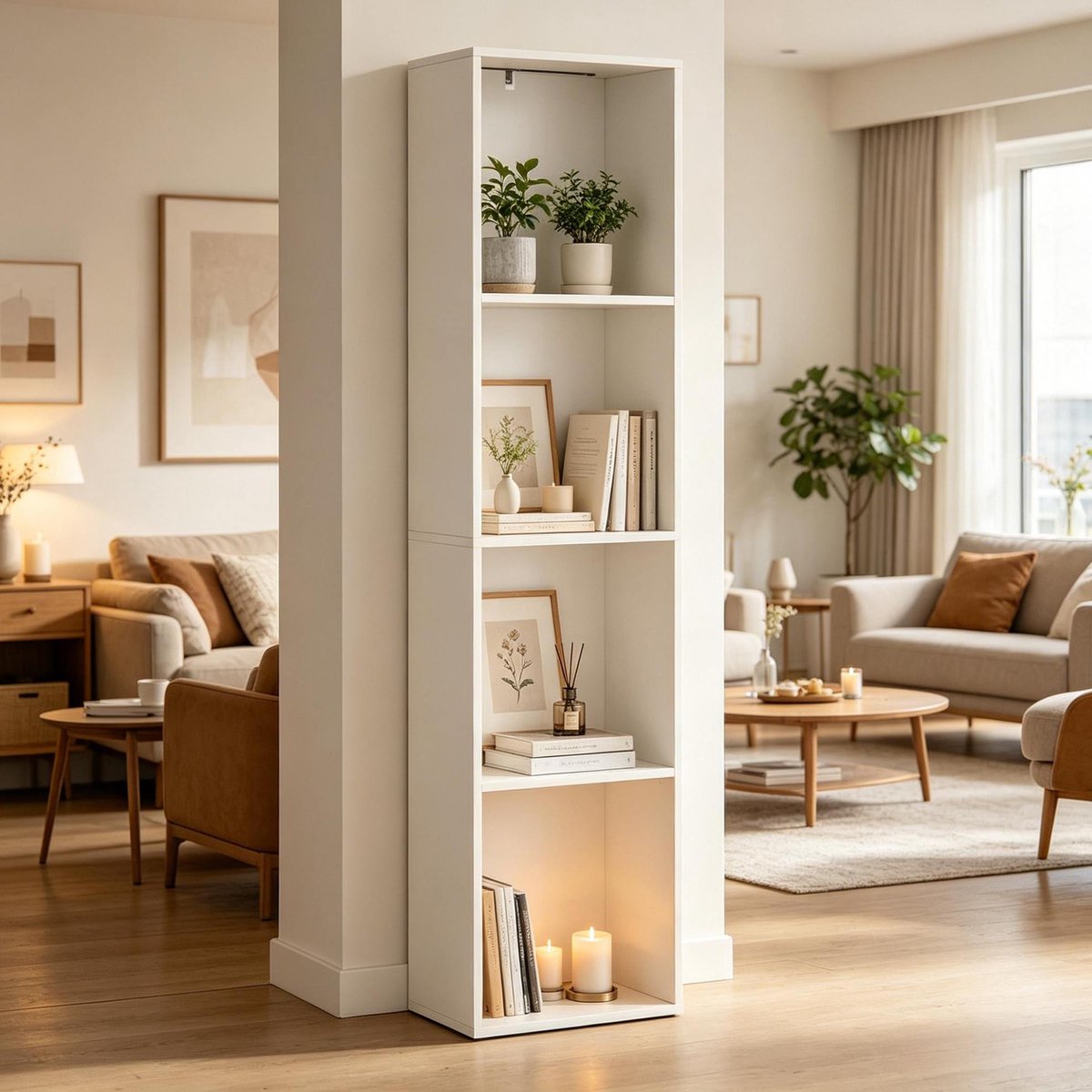 REDOM Boekenkast - Vier open vakken - Instelbare RGB-verlichting met afstandsbediening - Woonkamer slaapkamer en studeerkamer - Spaanplaat - Wit - 40 x 29 x 170 cm