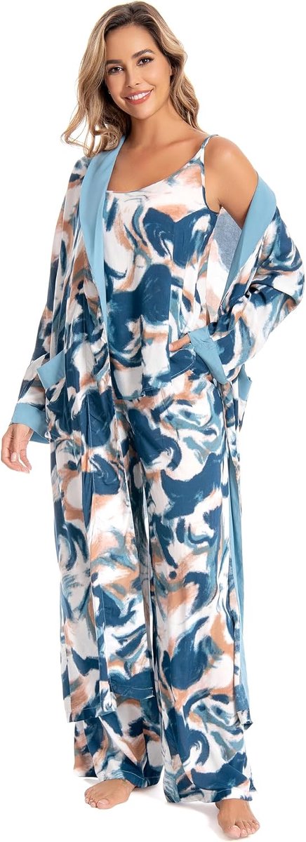 Damespyjama, lang, 3-delige loungeset, zomer, homewear, pyjama, cami bandjes, top, brede broek, badjas, set vrouwen, Pjs D08