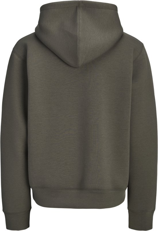Donkergroene hoodie met capuchon en ritssluiting, zicht van achteren.