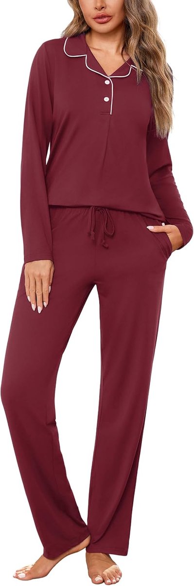 damespyjama van katoen, tweedelige pyjama voor dames, winter, bovendeel met open voorkant en knopen en lange broek met zakken, comfortabel, casual
