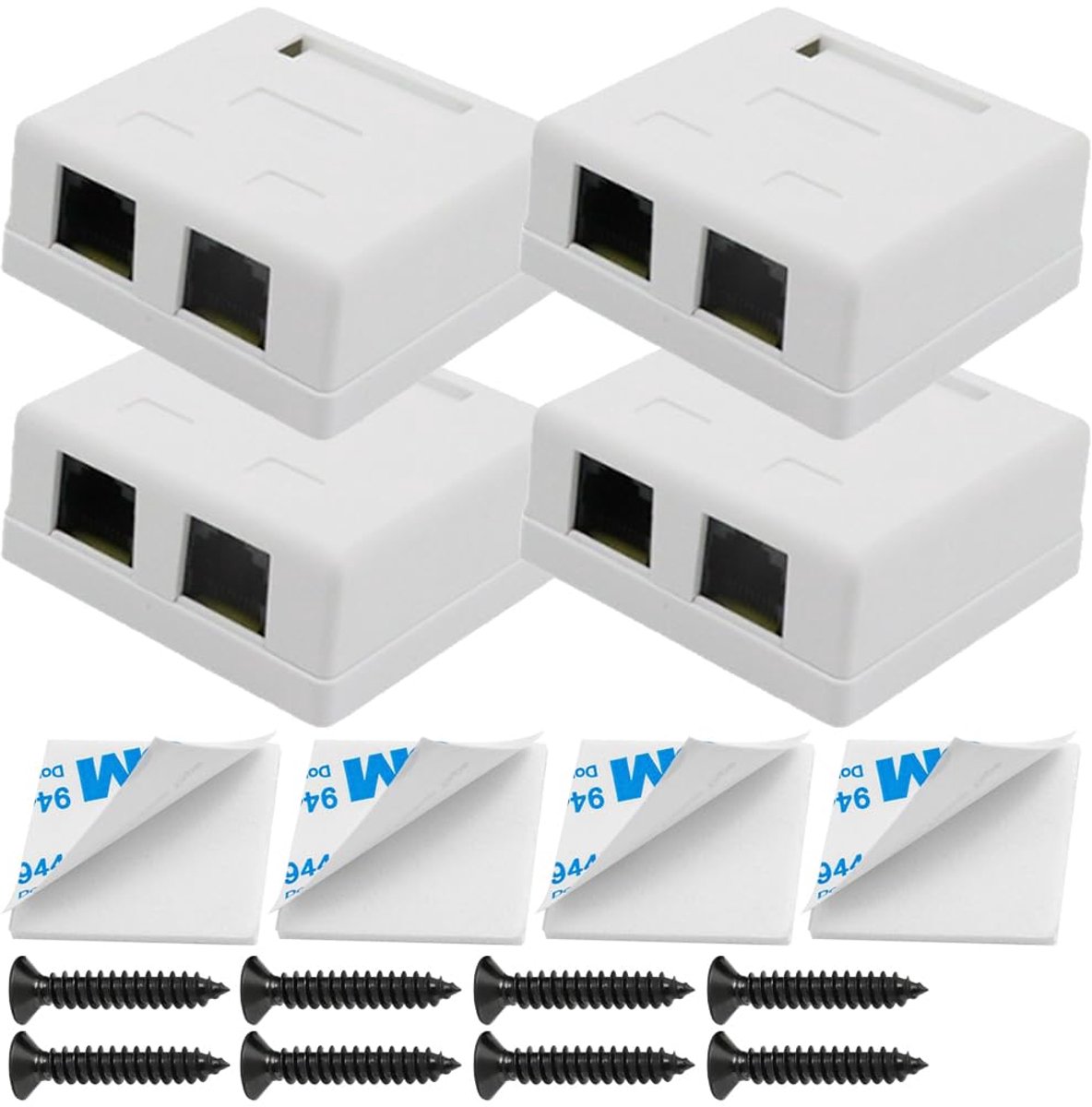 RJ45-opbouwdoos, werkt met smalle en brede keystone-aansluitingen, compatibel met UTP Cat6/Cat5e/Cat5 RJ45 keystone-aansluiting, met dubbelzijdige tape (4 stuks)