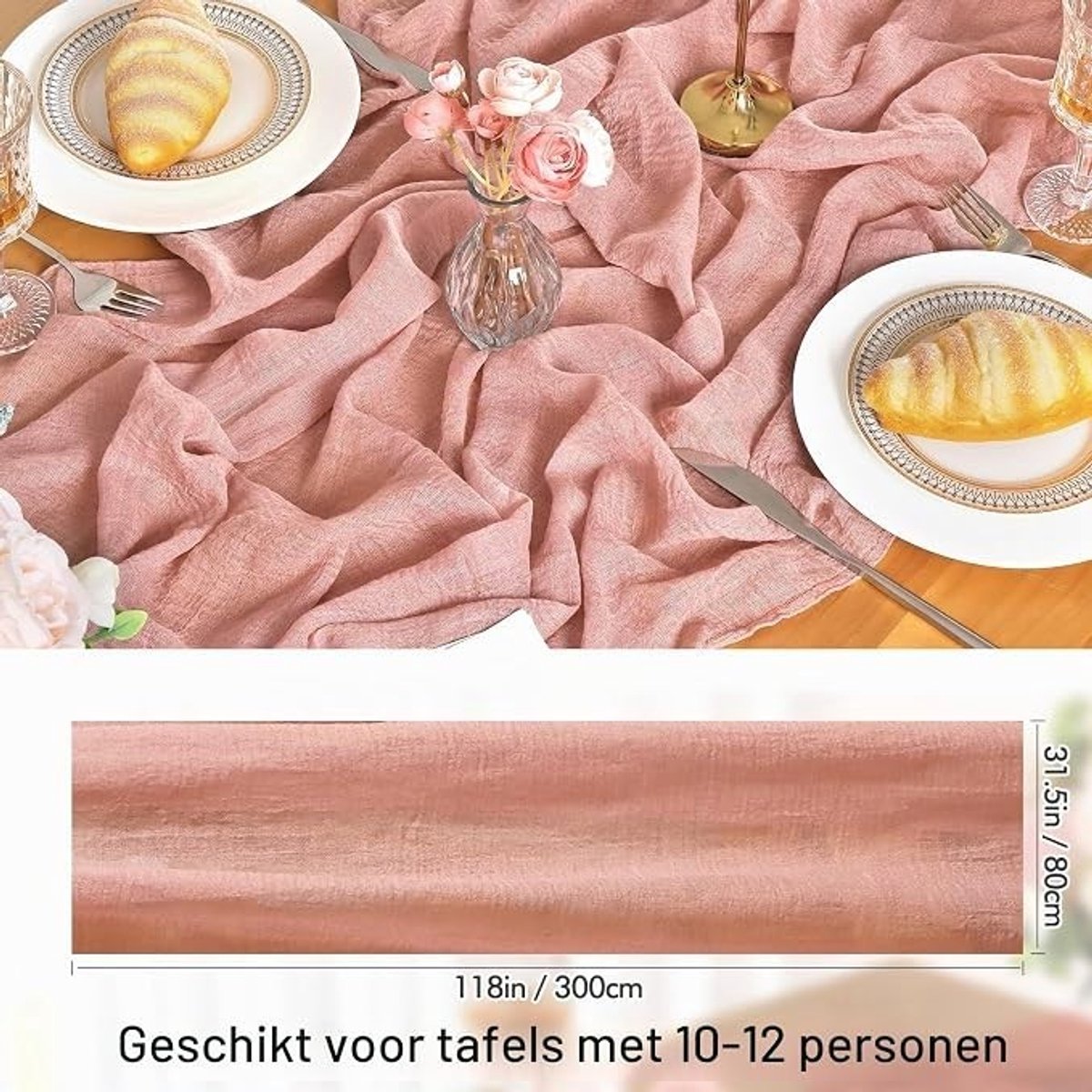 Livatto Roze Kaasdoek Tafelloper 80x300 cm – Boho Gaze Tafelloper voor Eettafel, Feest en Herfstdecoratie