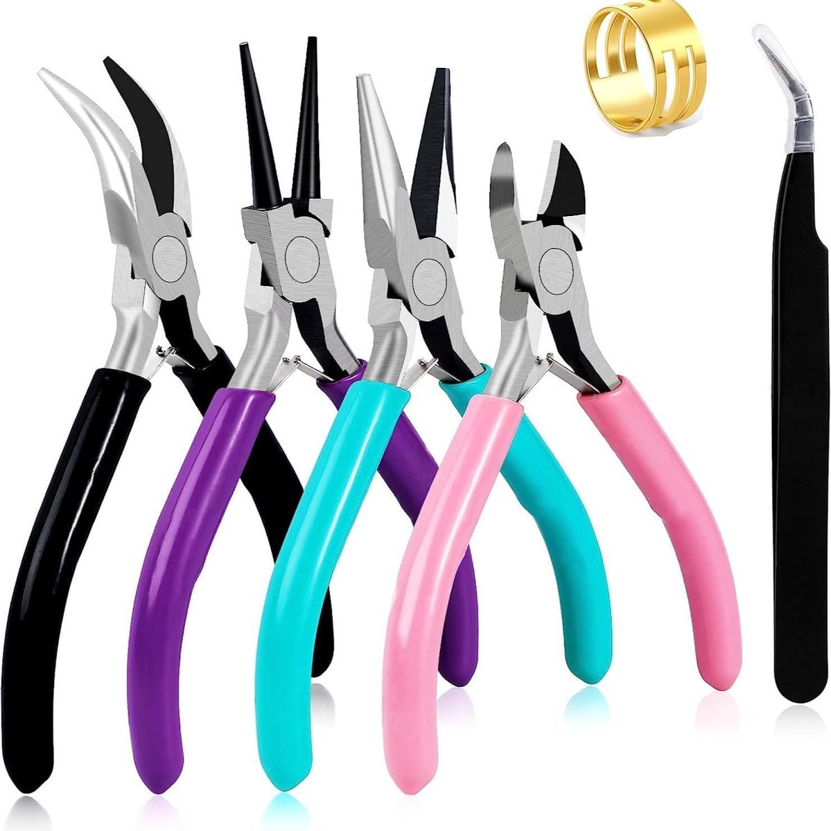 4-delig, precisiepunttang, zijsnijder, ronde tang en platte tang, roestvrij staal, voor het maken van sieraden en reparatie, met springringopener en pincet