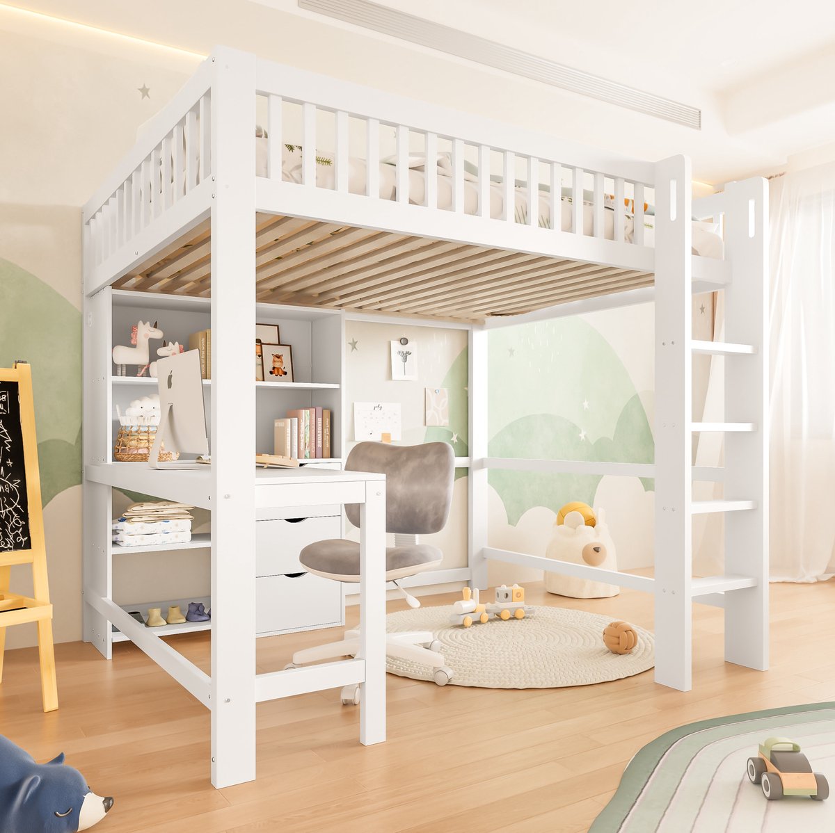 WUVRIE Hoogslaper 140x200 cm met bureau, 3 lades, opbergvakken en ladder, wit