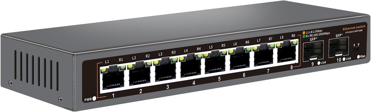 10 haven2.5G Unmanaged Ethernet-Schakelaar, 8 x 2.5G basis-T Havens, 2 x 10G SFP, voor 100/1000/2500Mbps