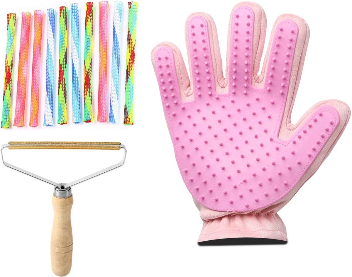 Professor Q Kattenset - Handschoen Lichtroze - 10 Boinks Kattenspeeltjes - Pluizenverwijderaar