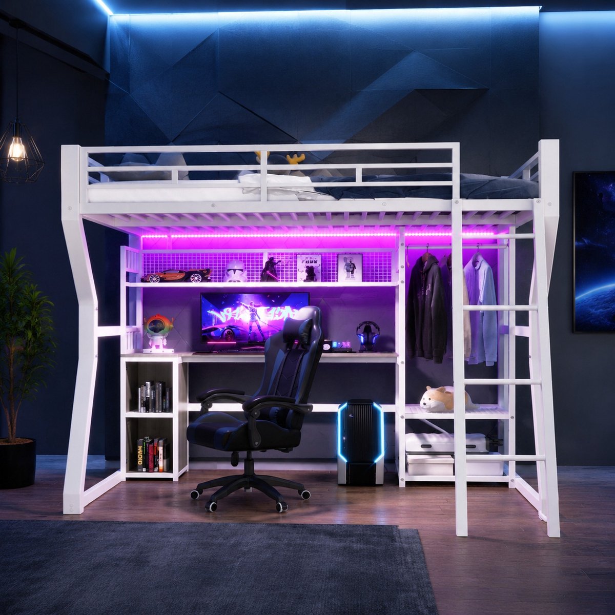 WUVRIE Hoogslaper 140 x 200 cm met bureau, lichtstrip, stopcontact en opbergruimte, wit