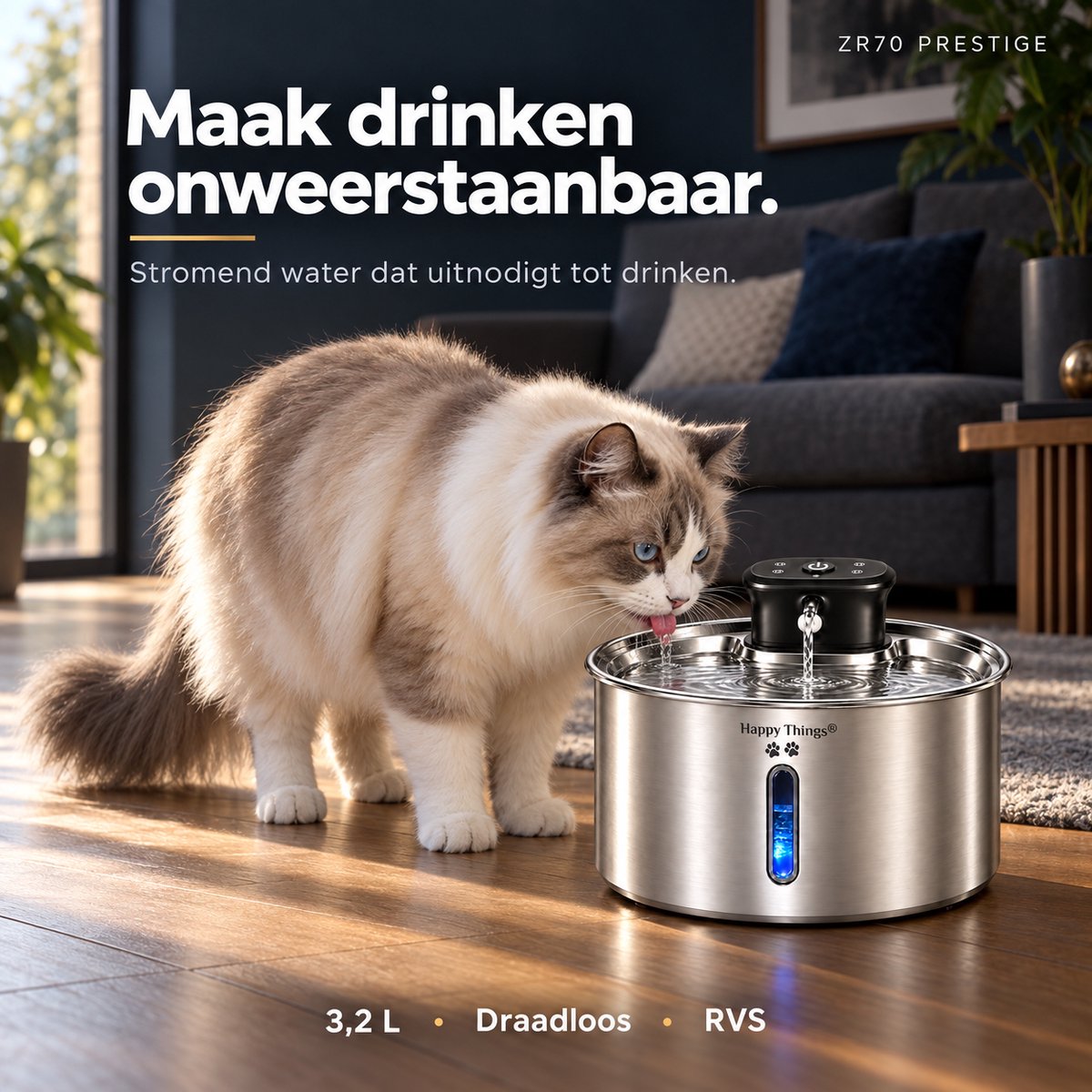 Happy Things® ZR70 Prestige Draadloze Drinkfontein Kat en Hond – 3,2L – 100% RVS – Sensor – 45d batterijduur - Fluisterstil 20 dB – 4 Filters – Kattenfontein thumbnail 6