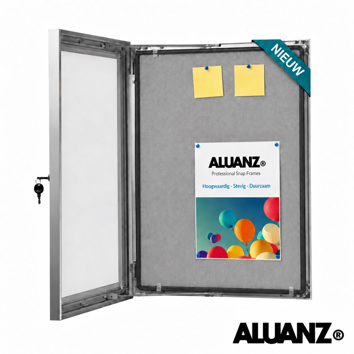 Aluanz Postervitrine A2 met Vilten Achterwand/Prikbord – Waterdichte Buitenvitrine – Afsluitbare Wandvitrine – Aluminium – Binnen & Buiten – 42 x 59,4 cm metaal