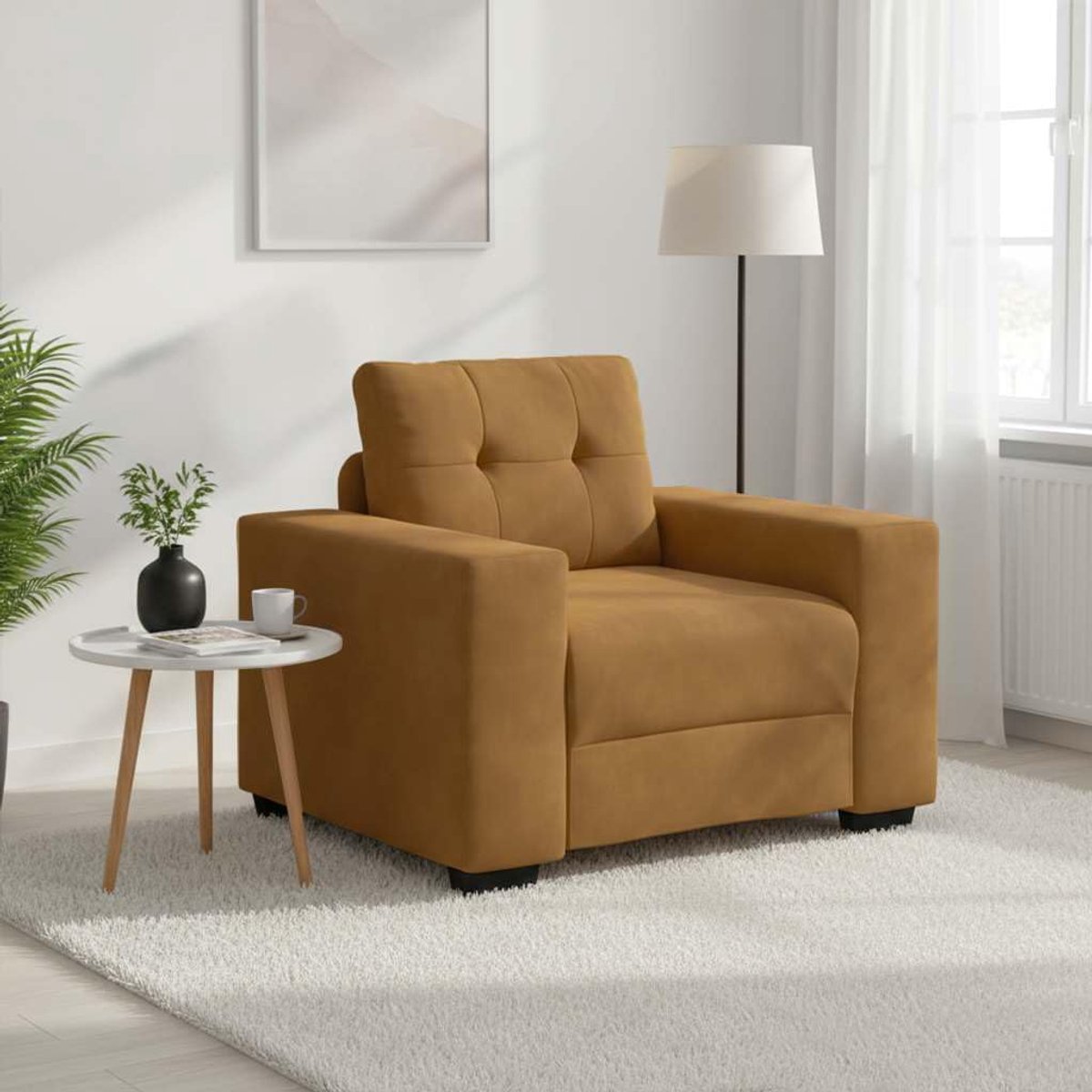 Bruin 60 cm fluwelen bankstoel relaxbank met gevoerde schuimrubberen zitplaatsen en stabiele multiplex armleuningen voor woonkamer, slaapkamer, studeerkamer, ontspannen
