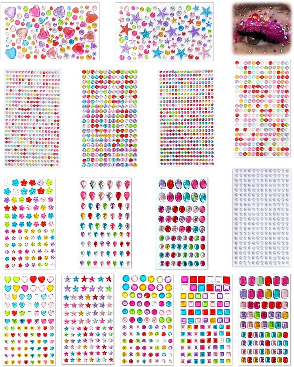 2500 stuks zelfklevende strass-steentjes om te knutselen, 15 vellen, glitter, meerkleurig, voor scrapbooking-stickers, nagels, gezicht, lichaam, make-up en doe-het-zelfdecoratie