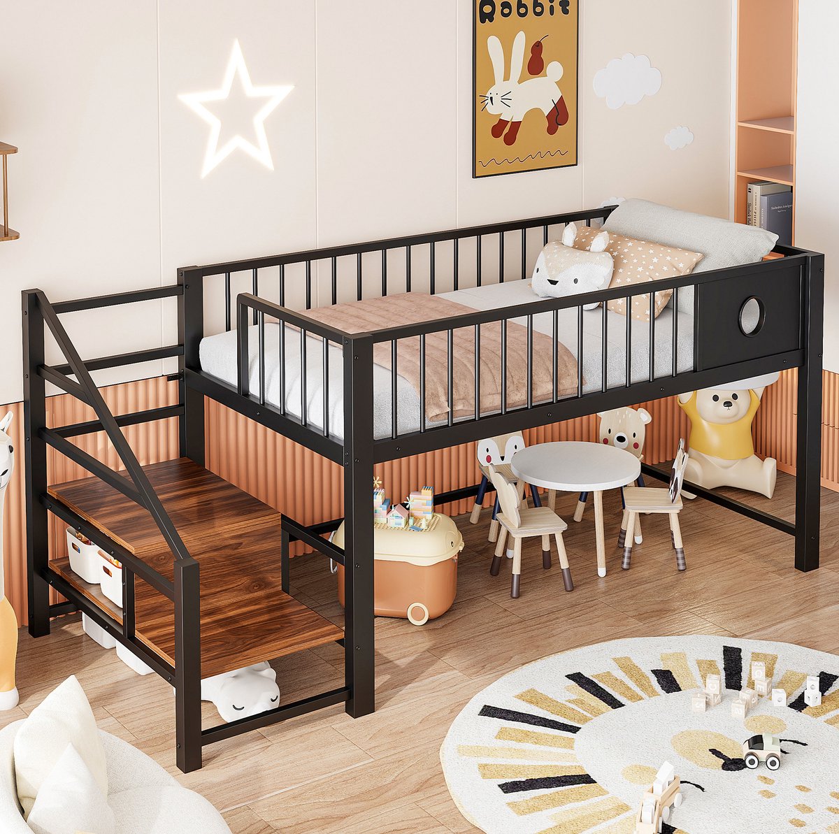 WUVRIE Halfhoogslaper 90x200 cm met opbergtrap en ruimte onder bed, kinderbedframe van metaal en MDF, zwart