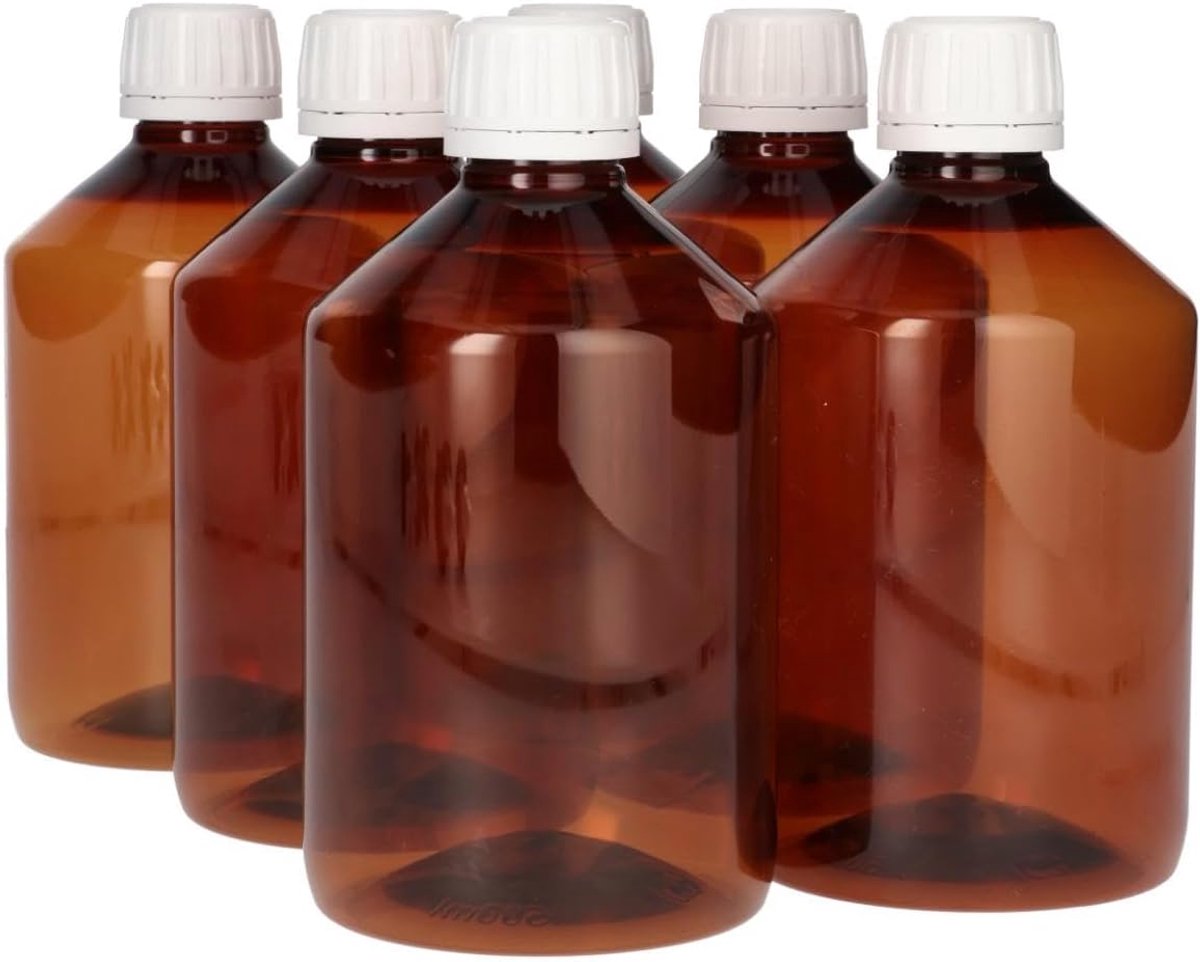 6 x 500 ml Pharma PET Fles Bruin met Garantiedop Wit- PET Kunststof BPA-vrij - Plastic Flessen Navulbaar - Met Dop - Lege Flessen - 6 stuks