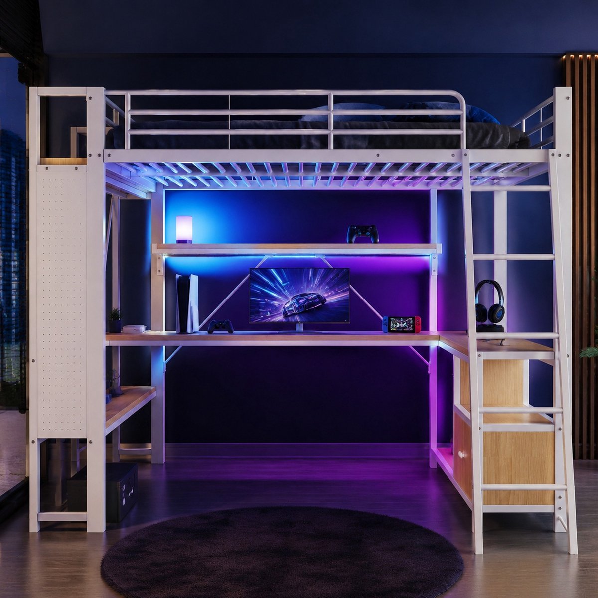 WUVRIE Hoogslaper 140x200 cm met bureau, opbergruimte, LED-verlichting en USB-aansluiting, wit
