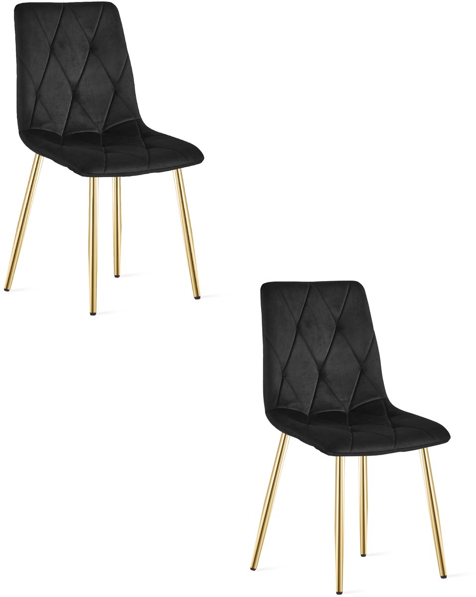 Eetkamerstoel LIBRA set van 2 - Zwart fluweel - Gouden metalen poten - Modern design