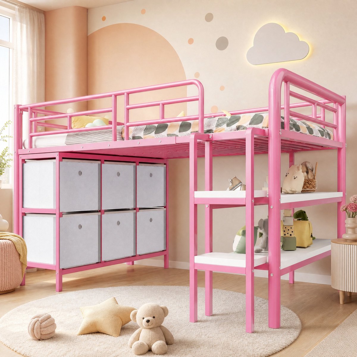 WUVRIE Halfhoogslaper 90x200 cm met trap, lades en open vakken, roze kinderbed