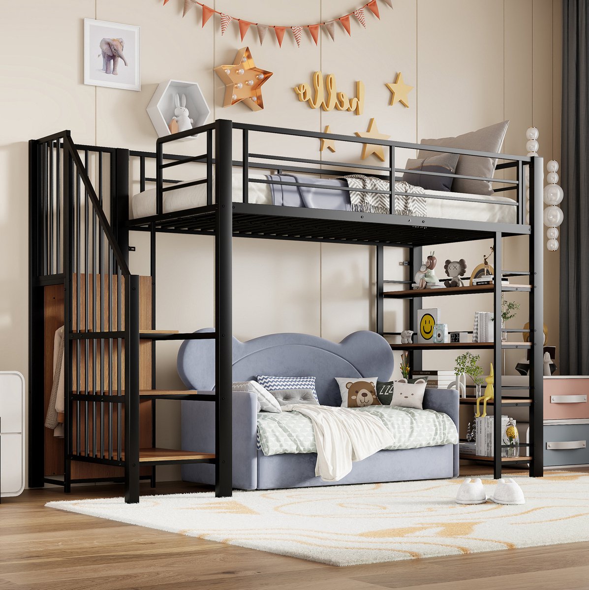 WUVRIE Hoogslaper 90x200 cm met trap, garderobe, legplanken en hoge valbeveiliging, zwart