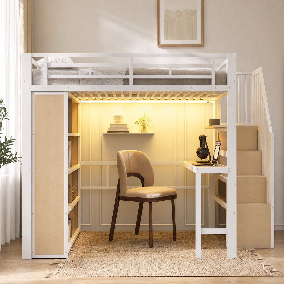 WUVRIE Hoogslaper 140 x 200 cm met bureau, opbergtrap, planken en ledverlichting, wit