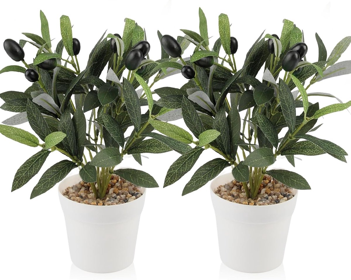 8-Piece Artificial Olive Tree Set 28cm Plastic Plants Small Artificial with 2 Planters (10cm Diameter) Decorative Plants for the Garden Weddings and the Office
