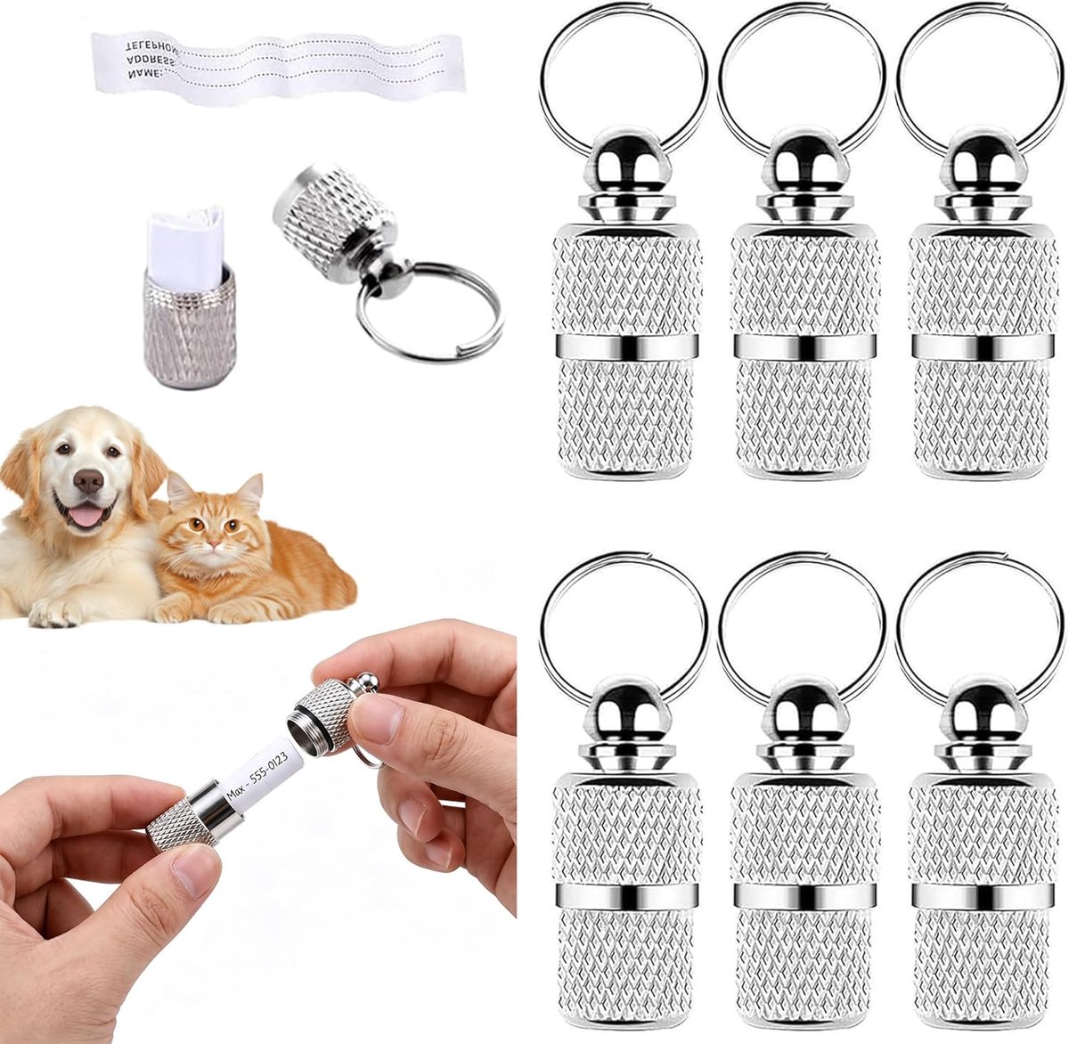 6 stuks huisdier ID-adreslabels, honden- en kattenhalsbandhangers met sleutelhanger, waterdichte veiligheidslabels