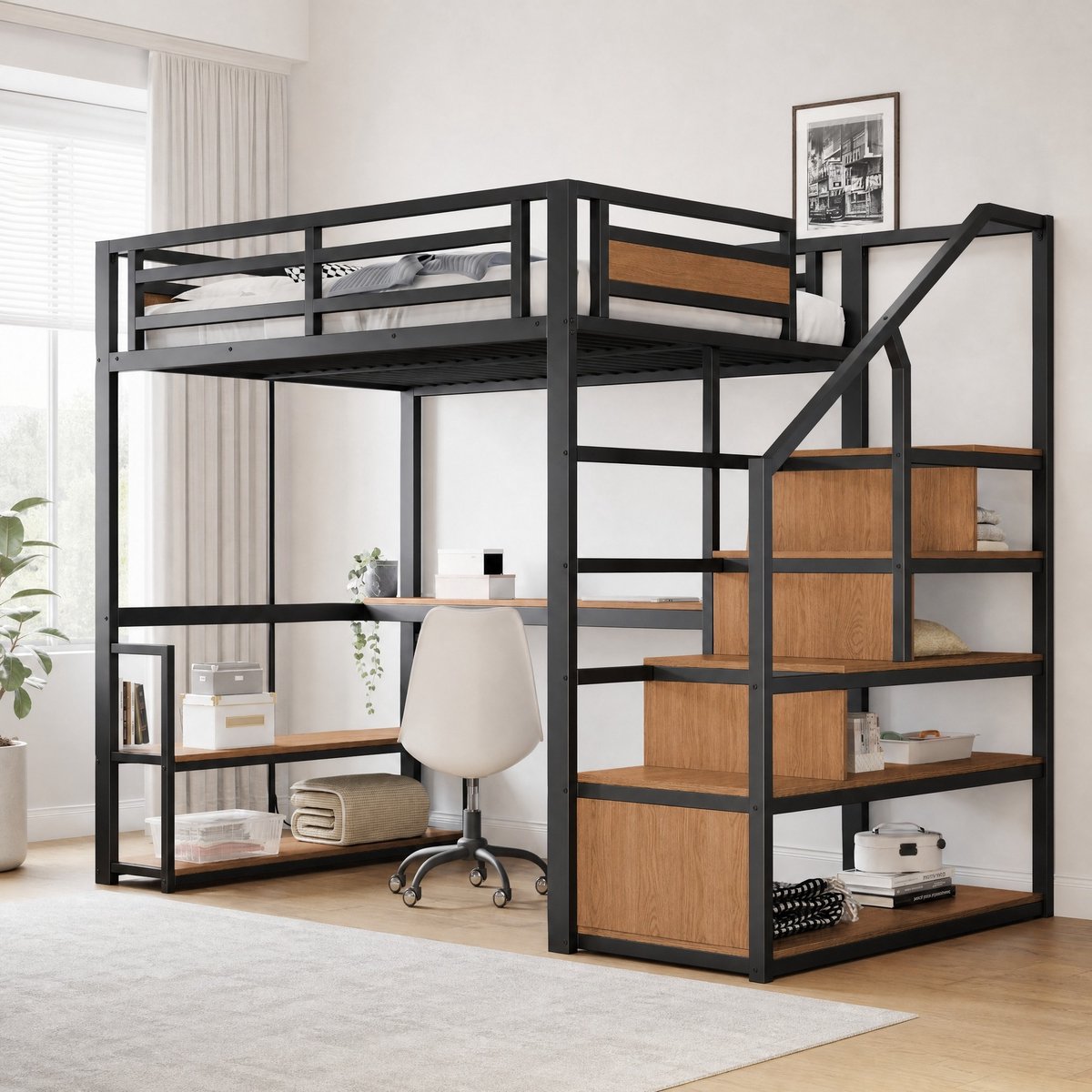 WUVRIE Hoogslaper 140x200 cm met bureau, opbergtrap, planken en uitvalbeveiliging, zwart