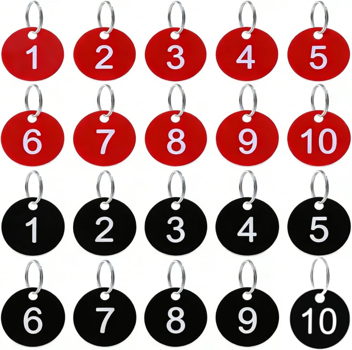 20 stuks plastic tafelnummers sleutelnummer garderobe tags 1-10 met sleutelhanger, waterdichte kleine ID-tags met gat voor hotel, brievenbus, sportschool, school, kantoor, (zwart, rood)