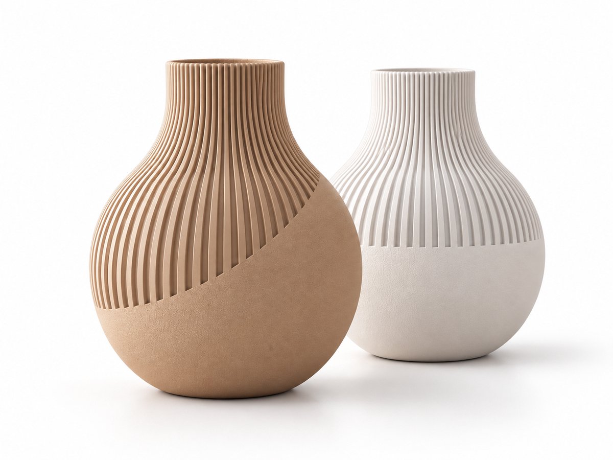 Decoratieve Vazen Set van 2 – 3D Geprint – Geribbeld Design – Moderne Japandi Woondecoratie