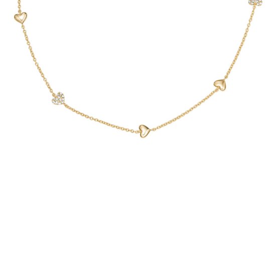 Gouden ketting met kleine, open hartjes en 3 hartjes bezet met steentjes.