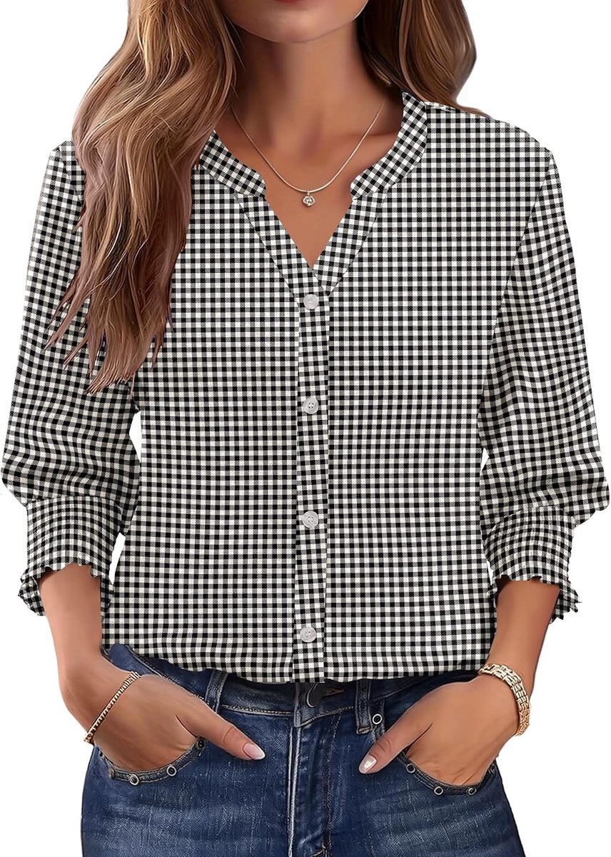 Vrouwen Shirt UK 3/4 Mouw V-hals Blouses Kleding Zomer Button Down Tuniek Tops Werk Kantoor T-shirts Kleding