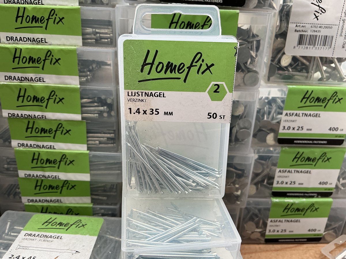 Lijstnagels voor schilderijlijst. 1.4 x 35mm. Lang. Verzinkt.50 stuks Homefix.