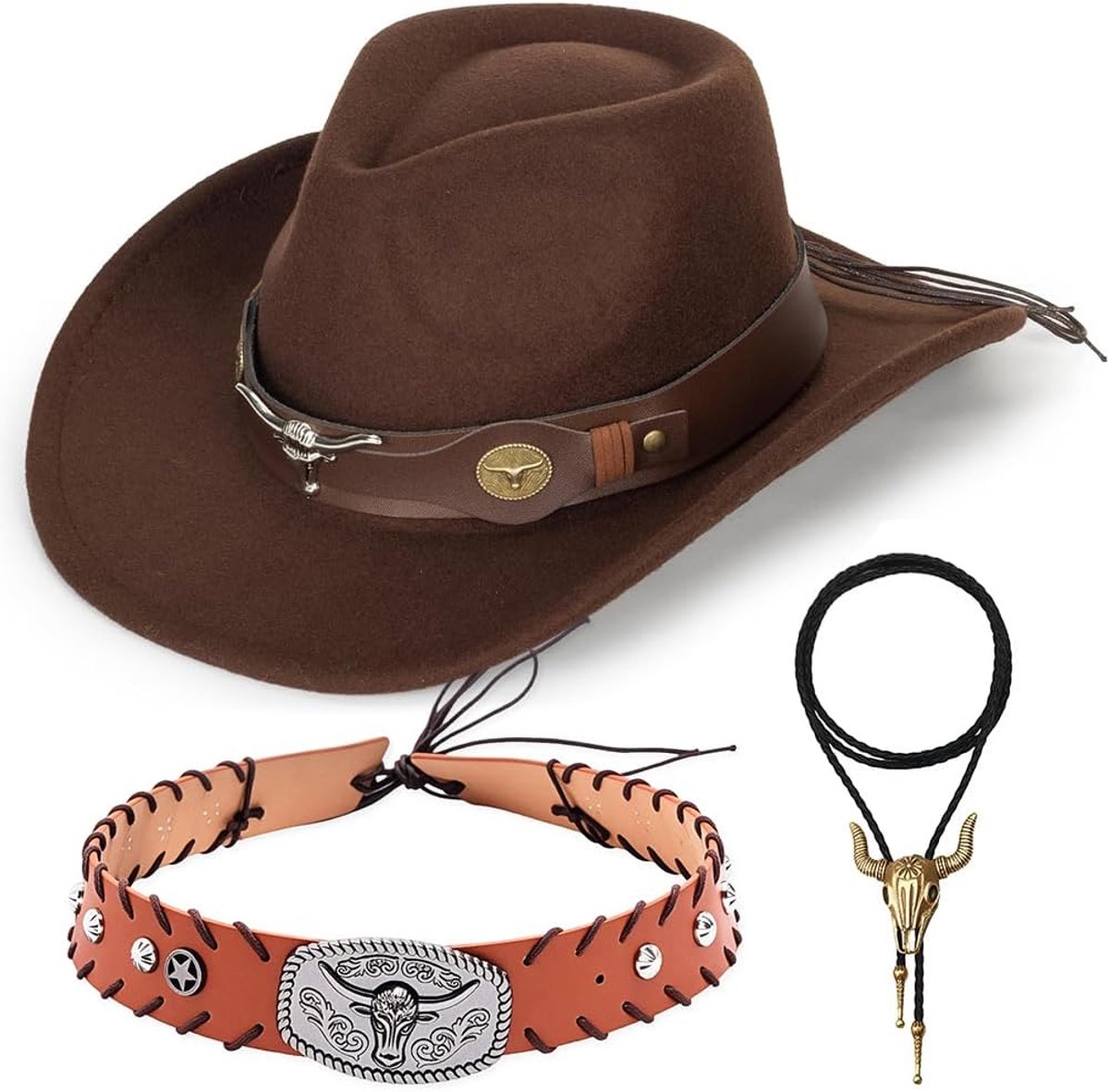 Cowboy Hoedenset Bruine Hoed met Stierenkop Ketting & Gordel