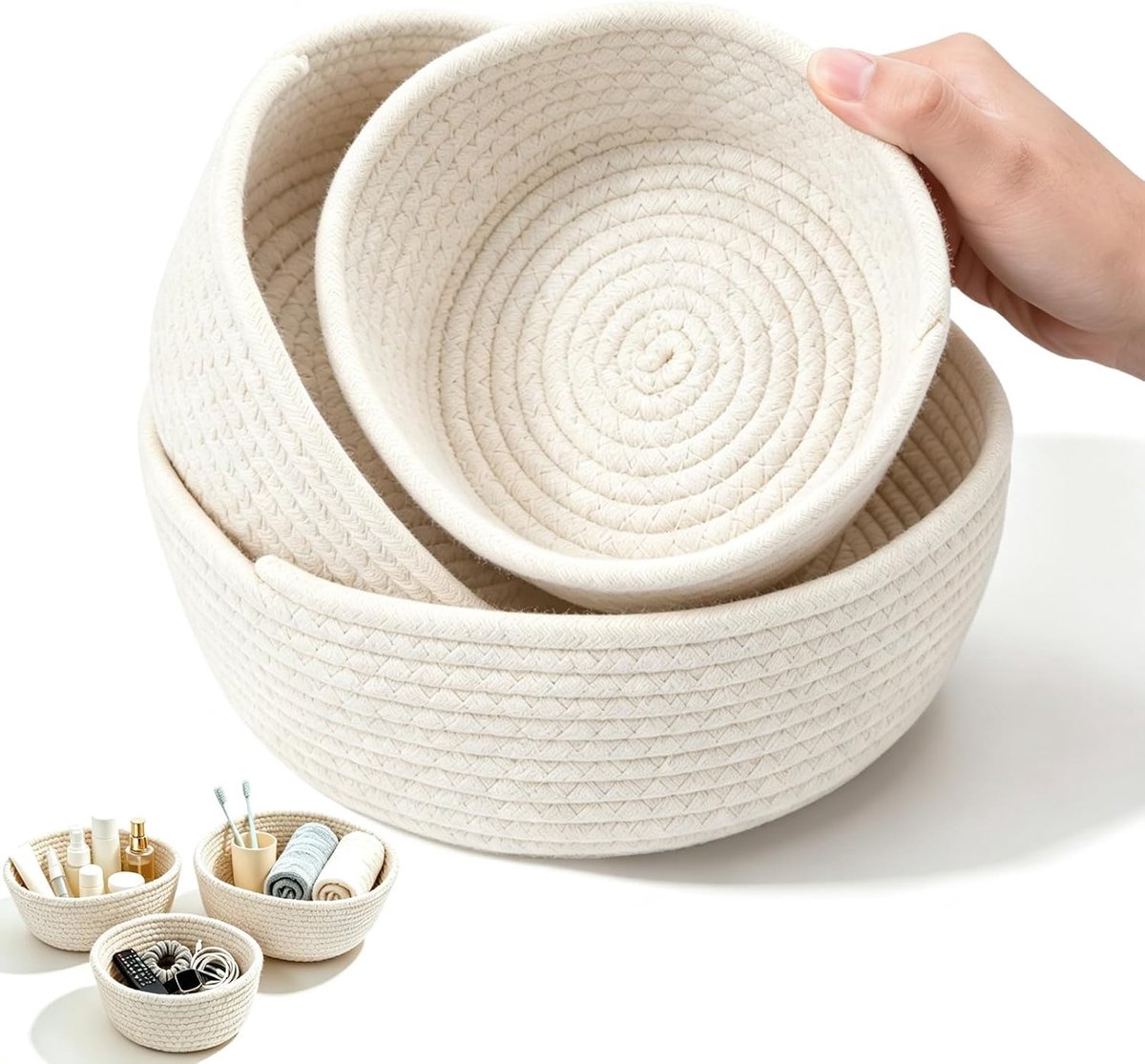 Set van 3 opbergmanden, gevlochten wit katoenen touw, opbergmanden, stapelbaar, zacht, stabiel voor slaapkamer, woonkamer, badkamer, rek, decoratie, opslag (3 maten)